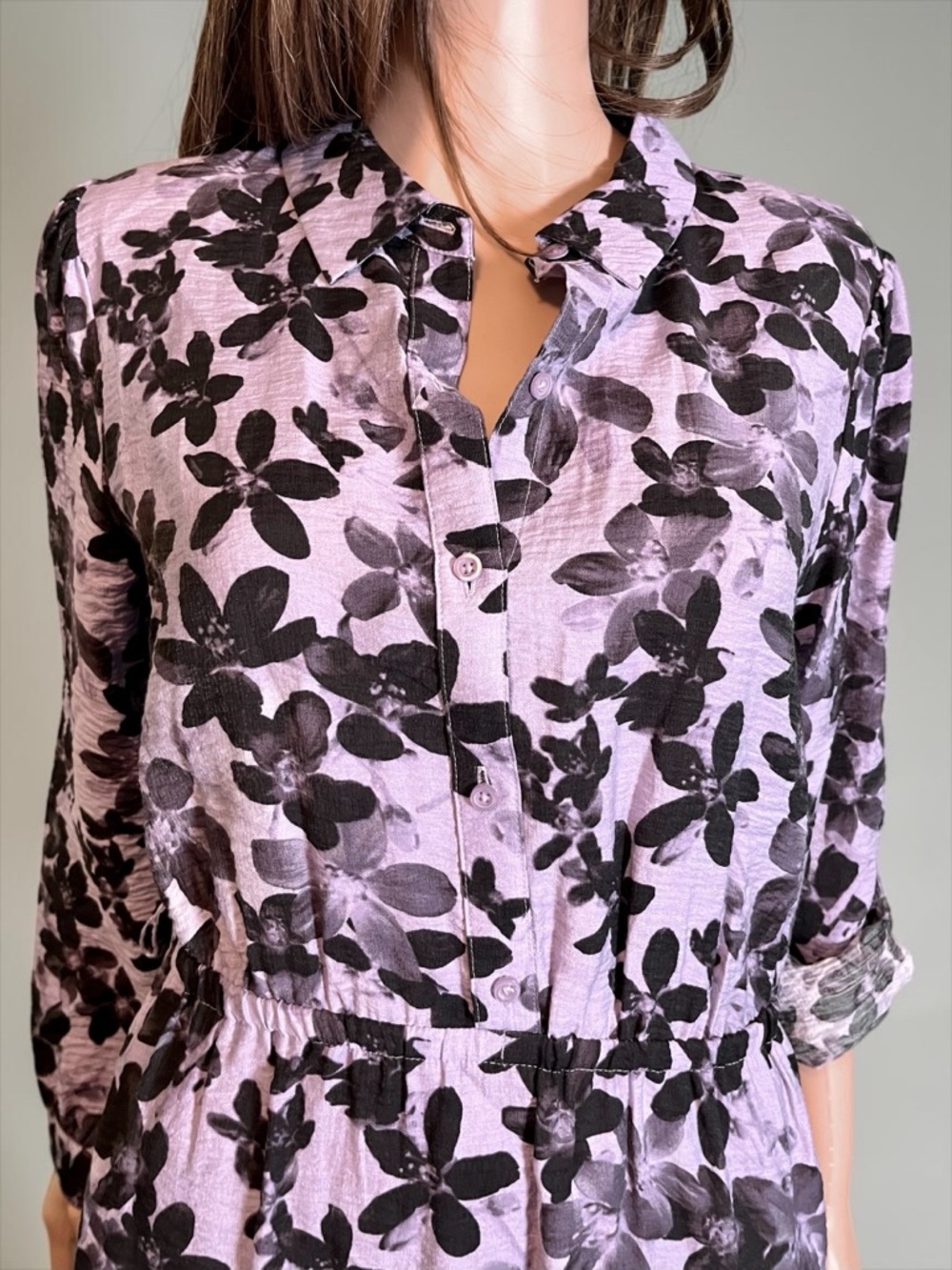 Simply Vera Vera Wang Purple Floral Shirt Dress S Collared Elastic Waist - Picture 2 of 7
